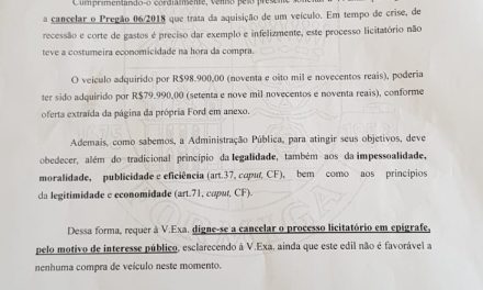 Vereador pede cancelamento do pregão para a aquisição de novo veículo para a Câmara