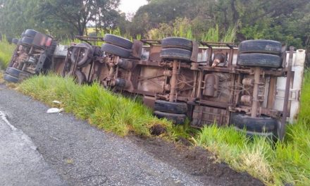 Motorista fica ferido após carreta tombar na BR-354