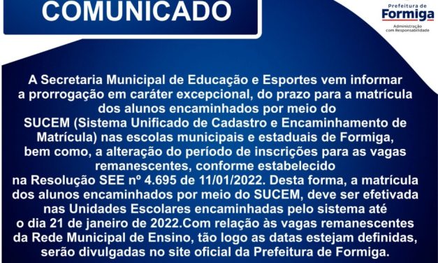 Sucem: Matrículas da rede municipal e estadual são prorrogadas até o dia 21