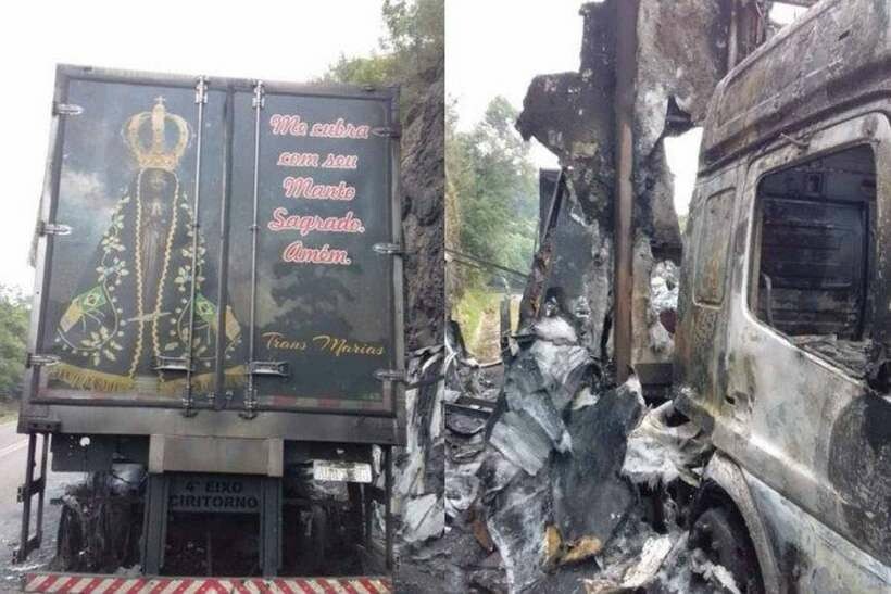 Caminhão é tomado por fogo e imagem de Nossa Senhora Aparecida fica intacta