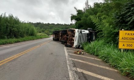 Caminhão carregado de carvão tomba na BR-494, entre Divinópolis e Nova Serrana