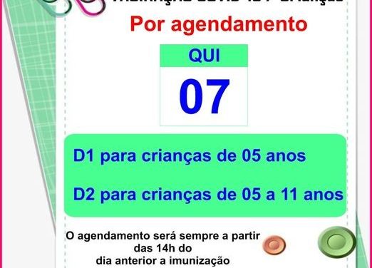Liberado agendamento da vacinação de crianças contra a Covid-19 em Formiga