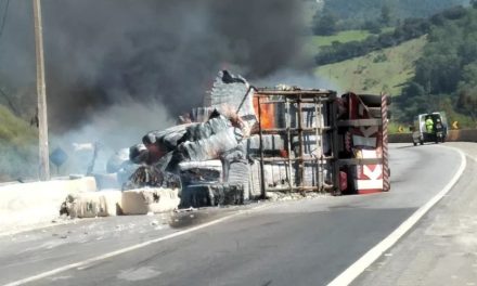 Caminhão carregado com algodão tomba e pega fogo na Fernão Dias