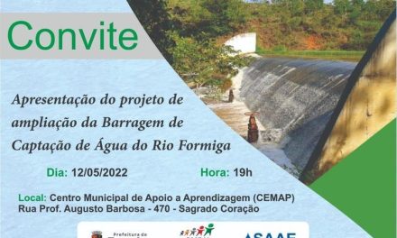 Projeto de ampliação da barragem de captação de água do rio Formiga será apresentado a população