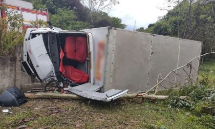 Caminhão derrapa durante chuva e vai parar fora da rodovia em São Sebastião do Oeste; dois ficaram feridos