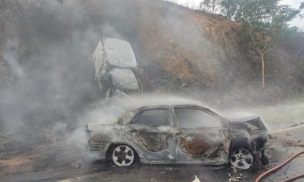 Carros batem e pegam fogo na BR-259; uma pessoa morreu e cinco ficaram feridas