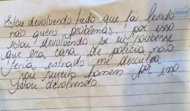 Ladrão rouba casa de delegado em BH, mas devolve tudo com bilhete