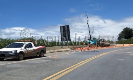 Motorista fica ferido após caminhão carregado com telhas tombar na BR-262