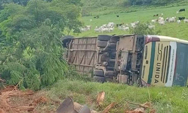 Passageiro morre carbonizado após ônibus tombar e pegar fogo na Zona da Mata