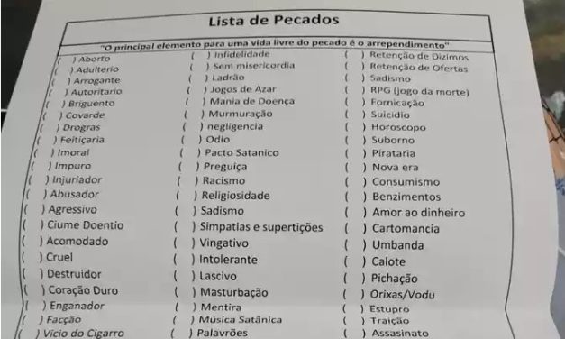 Sonegador, feitiçaria e pensamentos imorais: lista de pecados viraliza