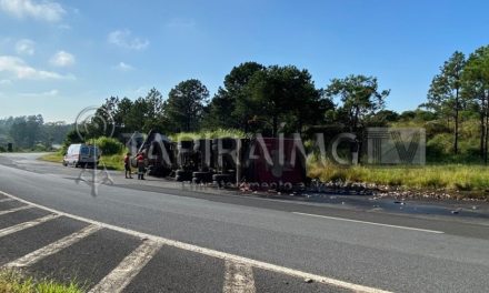 Carreta carregada com cerveja tomba na BR-262, em Campos Altos