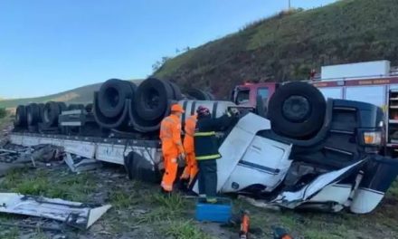 Caminhão carregado com vidro capota e motorista morre na BR-116, em Muriaé