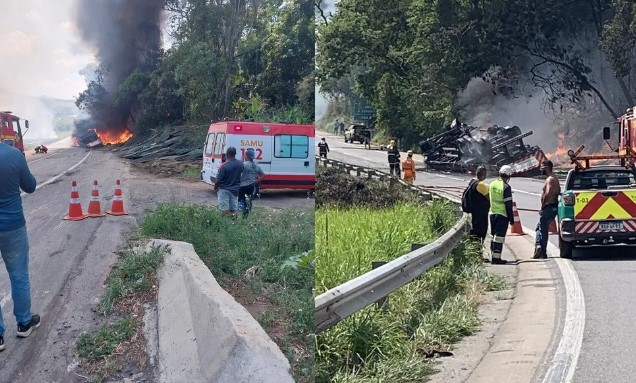 Carreta tomba e pega fogo na Fernão Dias