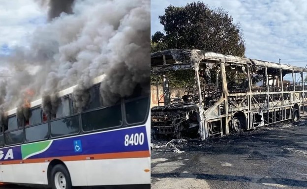 Ônibus de transporte público fica destruído após pegar fogo em Guaxupé