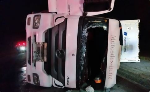 Carreta carregada com carnes e conduzida por motorista embriagado tomba na BR-459
