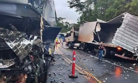 Motorista de ônibus com 57 passageiros morre após colidir contra carreta