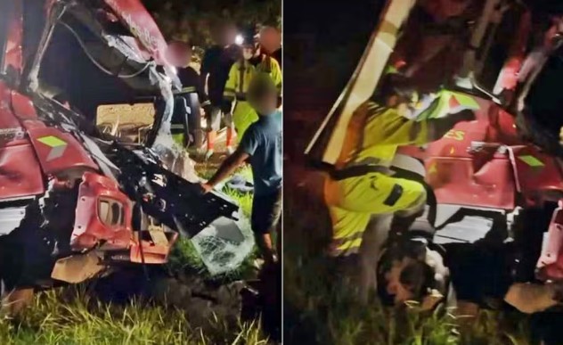 Caminhão com rolos de arame perde controle, bate na traseira de veículo e interdita Fernão Dias