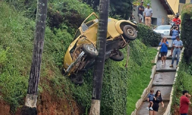 Fusca fica preso em coqueiro ao cair de barranco no Sul de Minas