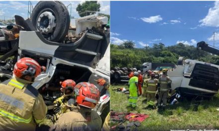 Acidente entre caminhão e carreta deixa motorista preso as ferragens, na Fernão Dias, em Betim