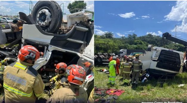 Acidente entre caminhão e carreta deixa motorista preso as ferragens, na Fernão Dias, em Betim