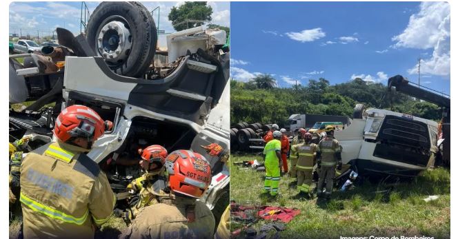 Acidente entre caminhão e carreta deixa motorista preso as ferragens, na Fernão Dias, em Betim