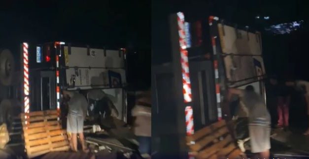 Carga de frango congelado é saqueada após caminhão tombar na BR-262