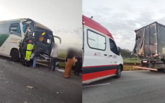 Ônibus com 45 passageiros bate em traseira de carreta e deixa três feridos na Fernão Dias