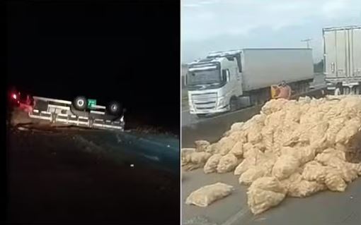 Carreta com 25 toneladas de batatas tomba e congestiona a Fernão Dias