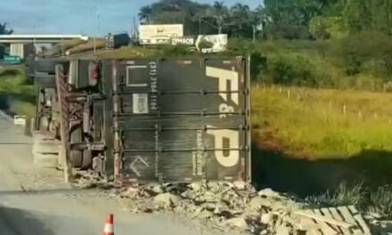 Carreta carregada com 30 toneladas de cimento tomba na Fernão Dias