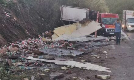 Motorista de caminhão morre após tombar veículo carregado com caixas de leite