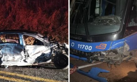 Mulher fica ferida em acidente com carro desgovernado e ônibus