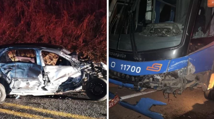 Mulher fica ferida em acidente com carro desgovernado e ônibus