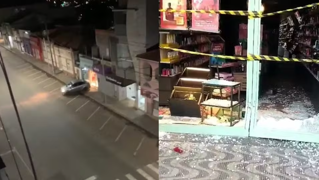 Assaltantes fazem motorista de carro de aplicativo refém e destroem entrada de loja em MG