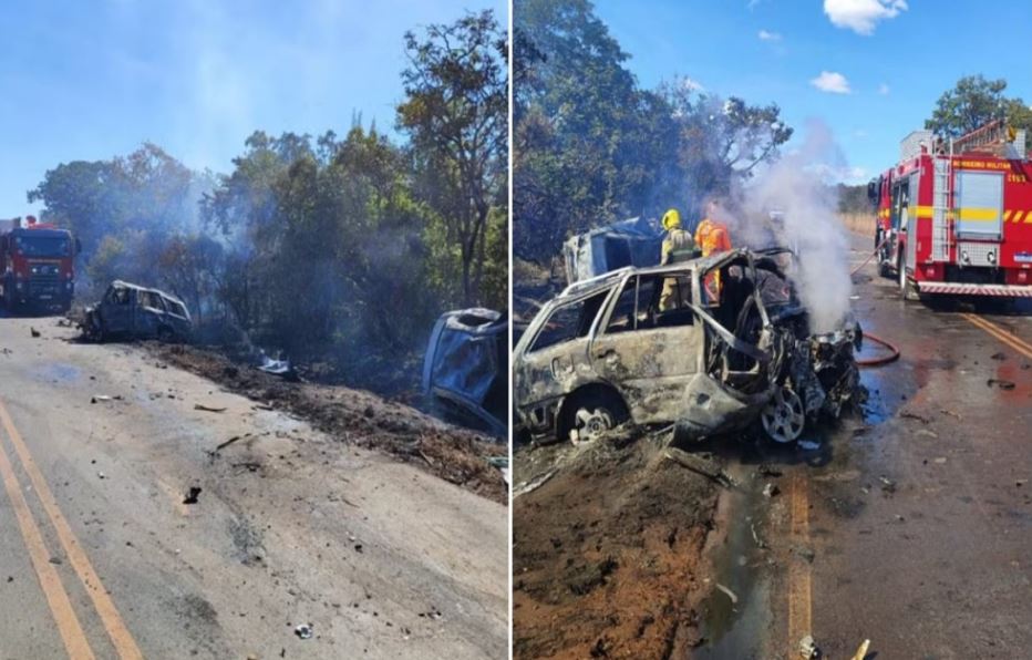 Carros pegam fogo após batida frontal e motoristas morrem carbonizados em MG