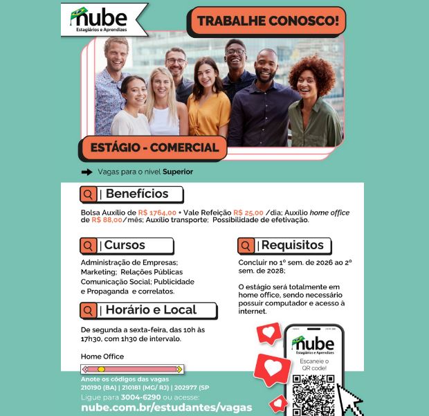 Nube divulga oportunidade de estágio para alunos de Administração e Marketing