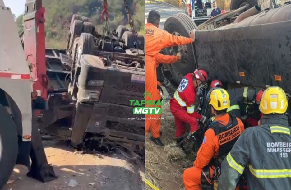 Jovem morre e mulher fica ferida após carreta carregada com carne tombar na BR-262