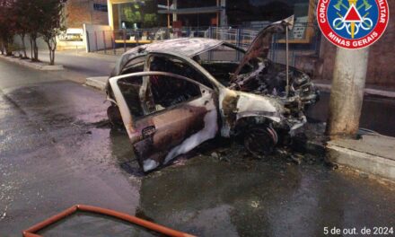 Carro pega fogo após colidir com poste, em Formiga