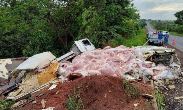 Carreta carregada com carne tomba durante assalto na BR-364 e carga é saqueada