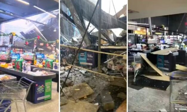 Parte de teto de supermercado desaba durante chuva com granizo em Barueri