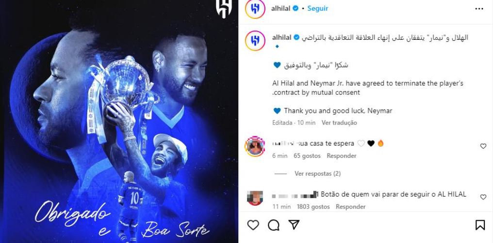 Al Hilal anuncia rescisão com Neymar: ‘obrigado e boa sorte’; atacante pode ir para o Santos