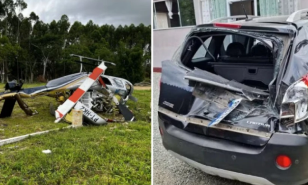 Helicóptero cai no litoral de SC, hélice se desprende durante a queda e atinge carro
