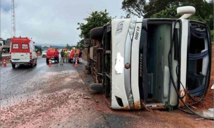 Ônibus tomba e funcionário morre em rodovia de Minas