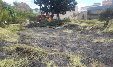 Bombeiros controlam incêndio em lote vago na rua Belgrado em Arcos