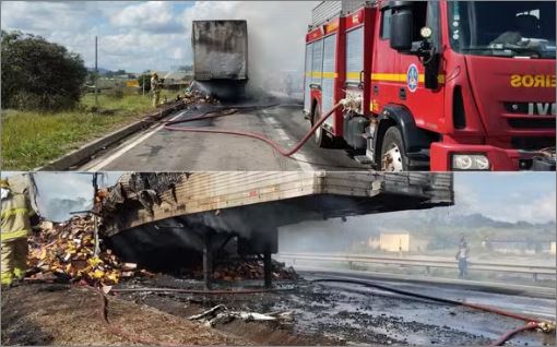 Incêndio atinge carreta com mais de 20 toneladas de café e interdita parte da Fernão Dias, em MG