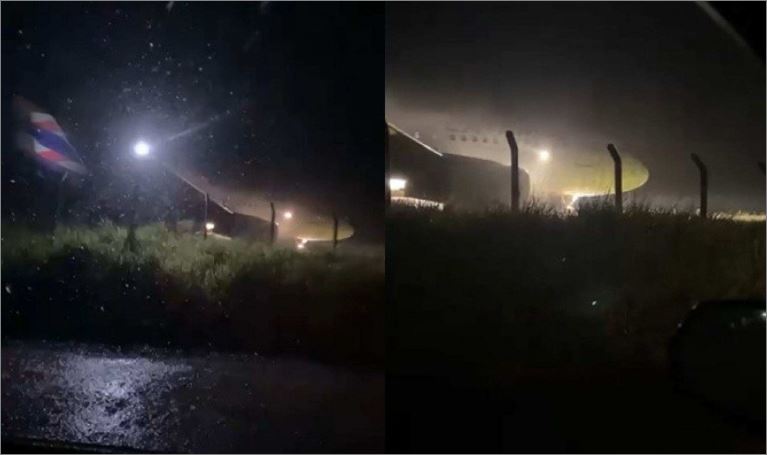 Debaixo de temporal, avião pousa, sai da pista e para na cerca de aeroporto