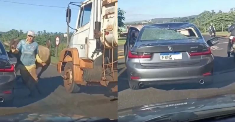 Vídeo: touro solto em avenida persegue pedestre e destrói BMW em SP