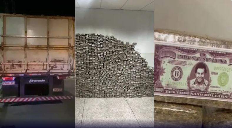 Polícia apreende mais de 2 toneladas de maconha com rosto de Pablo Escobar em carreta bitrem em MG