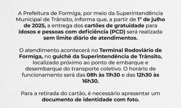 Entrega dos cartões de gratuidade no transporte público será realizada sem limite diário de atendimentos, em Formiga