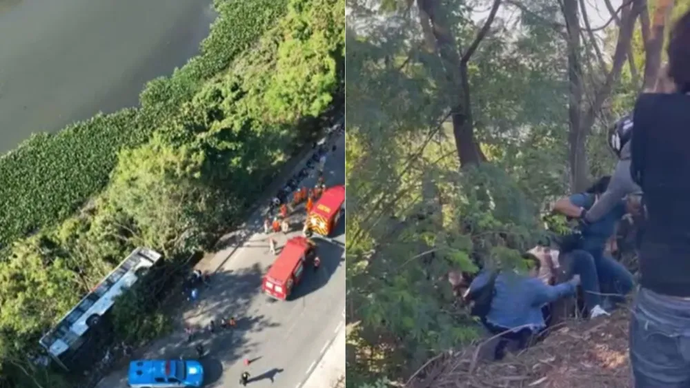 Ônibus cai em canal na zona oeste do Rio de Janeiro; coletivo estava lotado