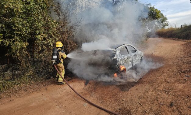 Incêndio destrói carro e atinge vegetação na estrada da comunidade Padre Doutor, em Formiga